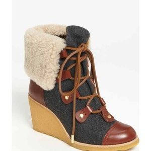 Tory Burch Leather Shearling Lining Lace Up MARLEY Wedge Bootie